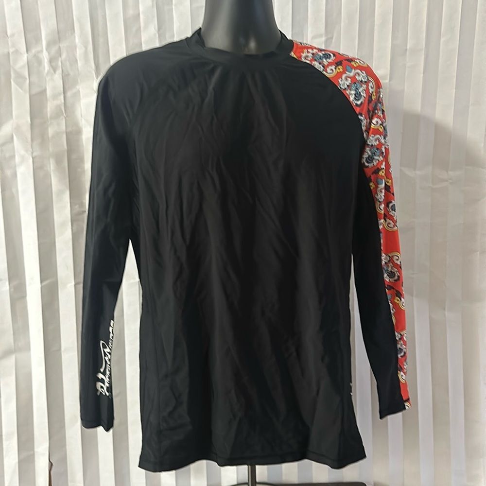 Huge Sports XL Black Red Floral Compression Shirt Long Sleeve Activewear